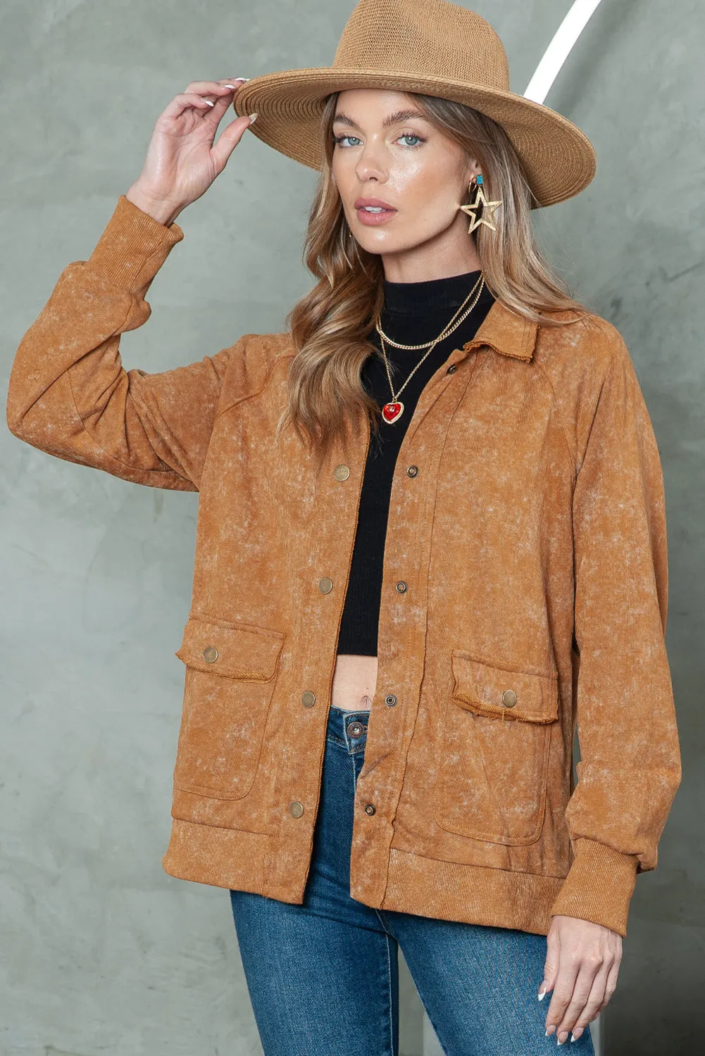Wholesale Khaki Snap Button Casual Jacket with Flap Pockets