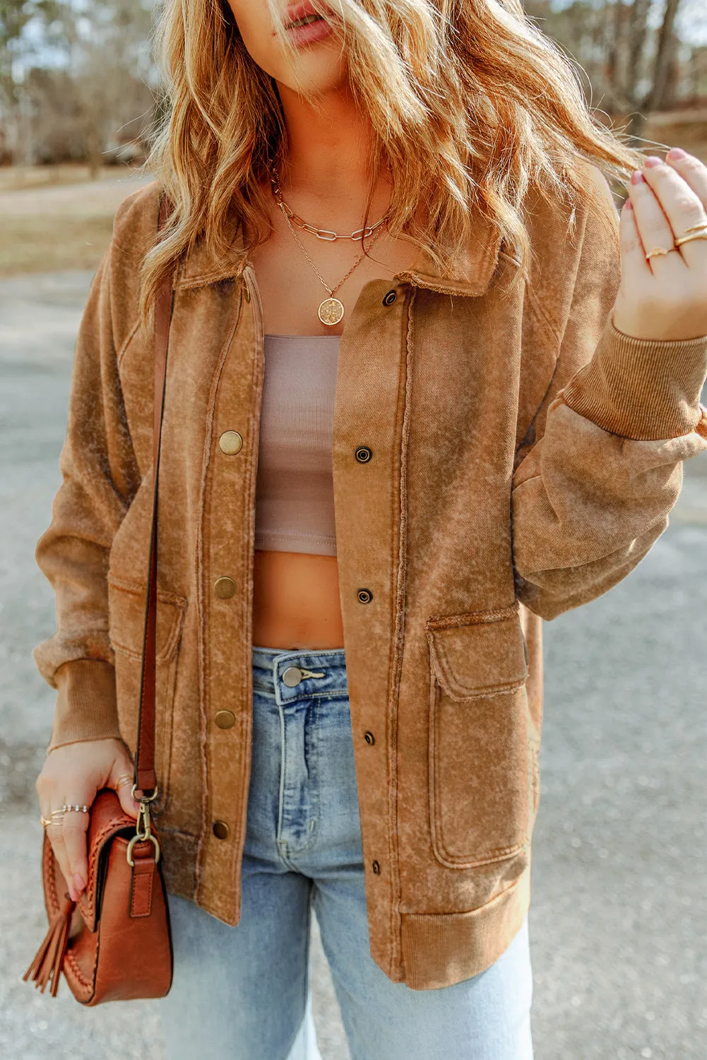 Wholesale Khaki Snap Button Casual Jacket with Flap Pockets