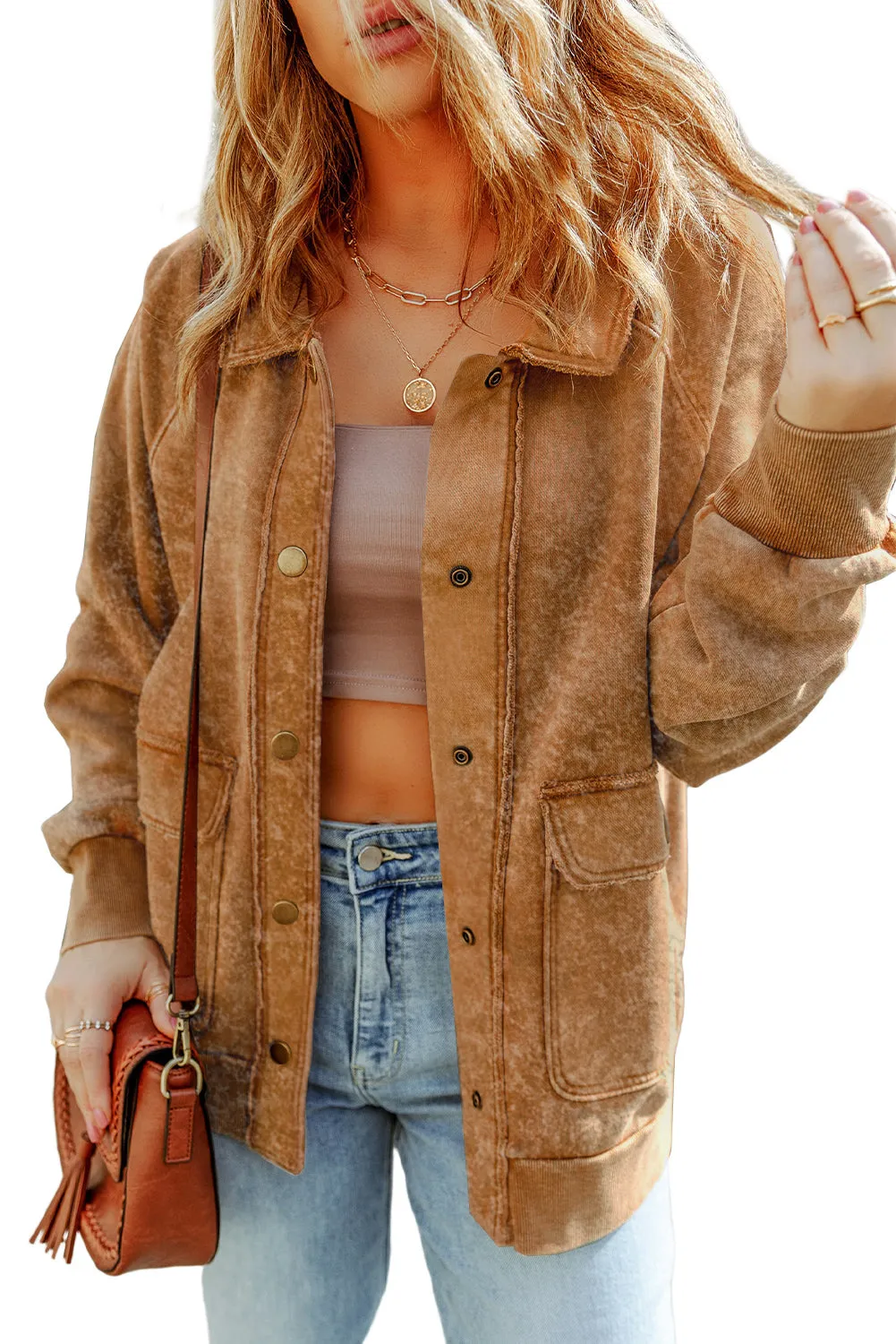 Wholesale Khaki Snap Button Casual Jacket with Flap Pockets