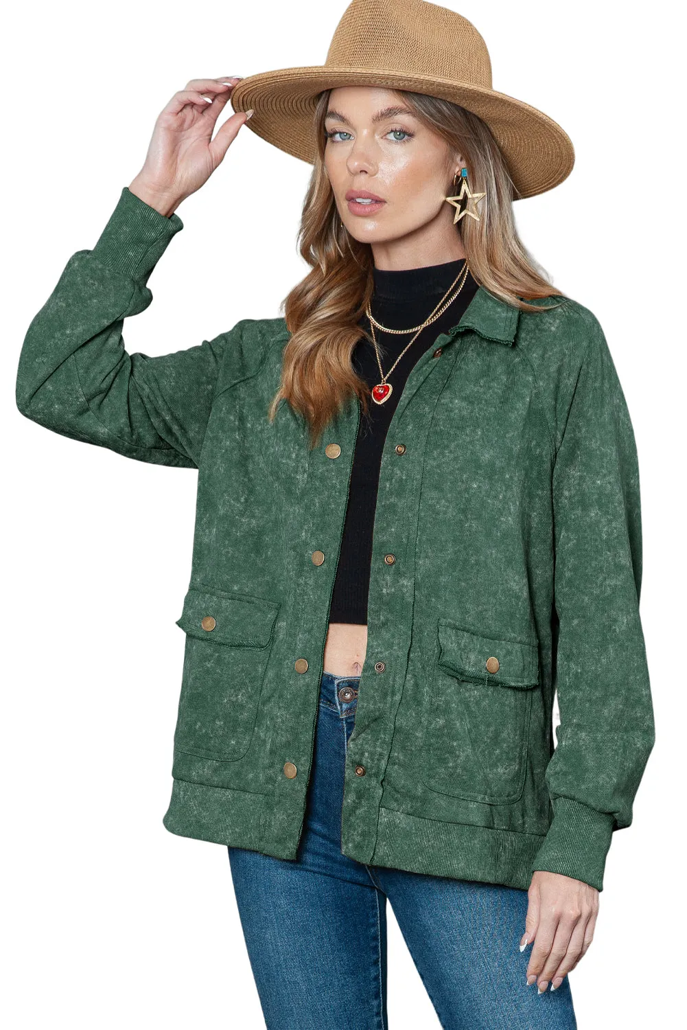 Wholesale Khaki Snap Button Casual Jacket with Flap Pockets