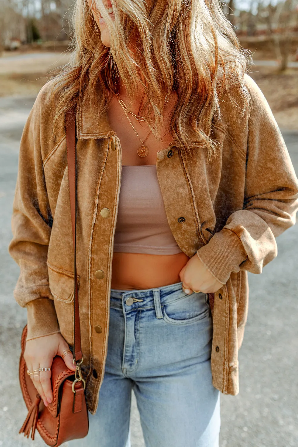 Wholesale Khaki Snap Button Casual Jacket with Flap Pockets