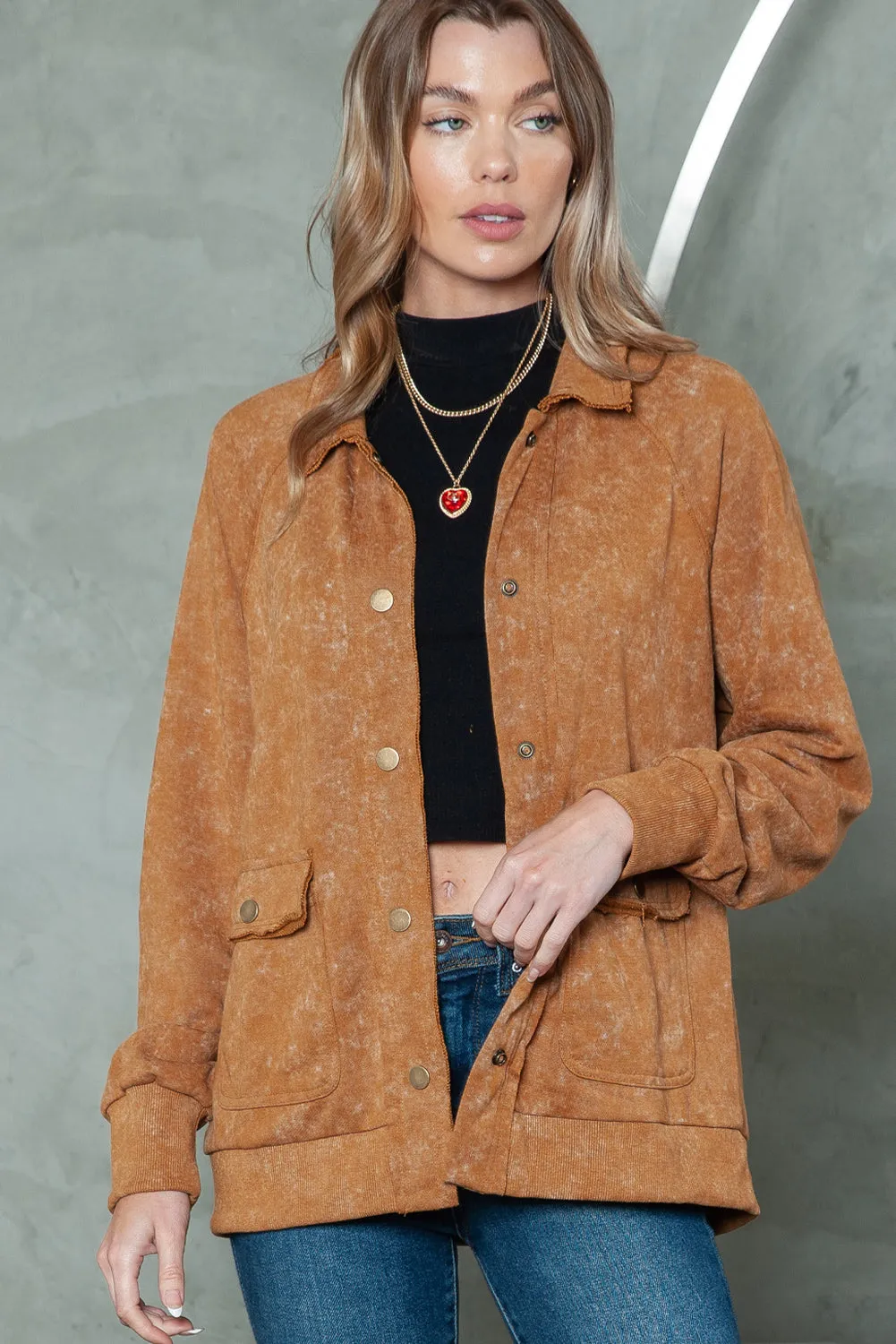 Wholesale Khaki Snap Button Casual Jacket with Flap Pockets