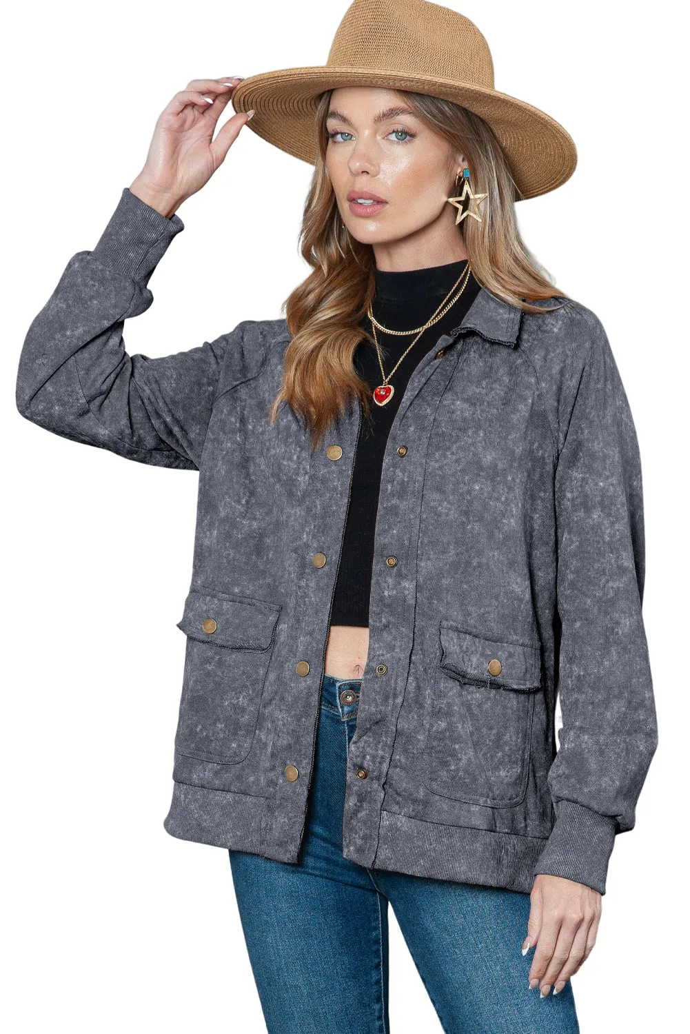 Wholesale Khaki Snap Button Casual Jacket with Flap Pockets