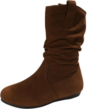Winter Boots For Women Suede Flats Mid Calf Boots Pleated Thigh High Boots Pull On Winter Winter Warm Bootie
