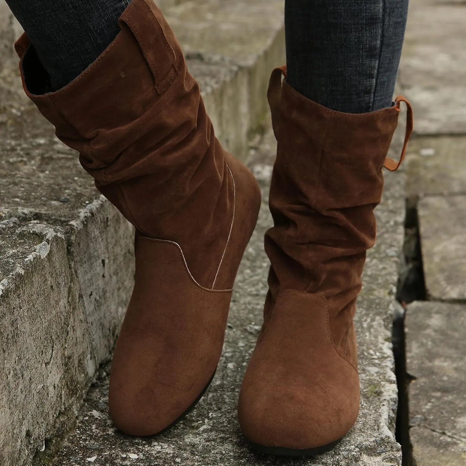 Winter Boots For Women Suede Flats Mid Calf Boots Pleated Thigh High Boots Pull On Winter Winter Warm Bootie