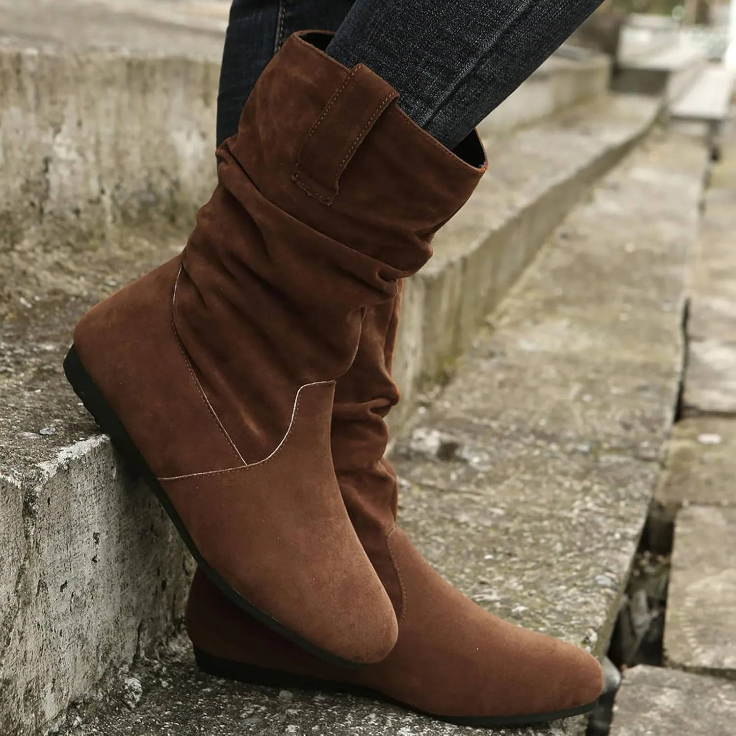 Winter Boots For Women Suede Flats Mid Calf Boots Pleated Thigh High Boots Pull On Winter Winter Warm Bootie