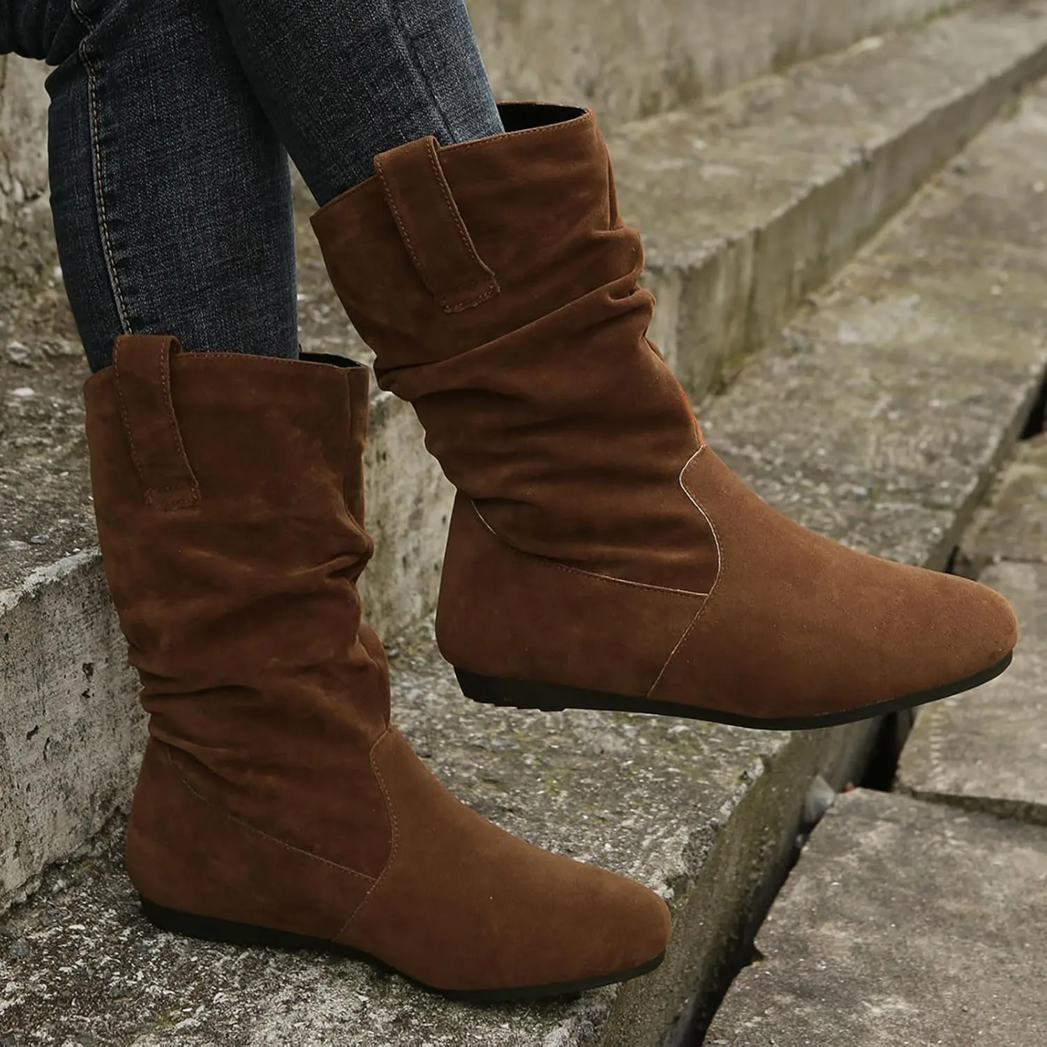 Winter Boots For Women Suede Flats Mid Calf Boots Pleated Thigh High Boots Pull On Winter Winter Warm Bootie