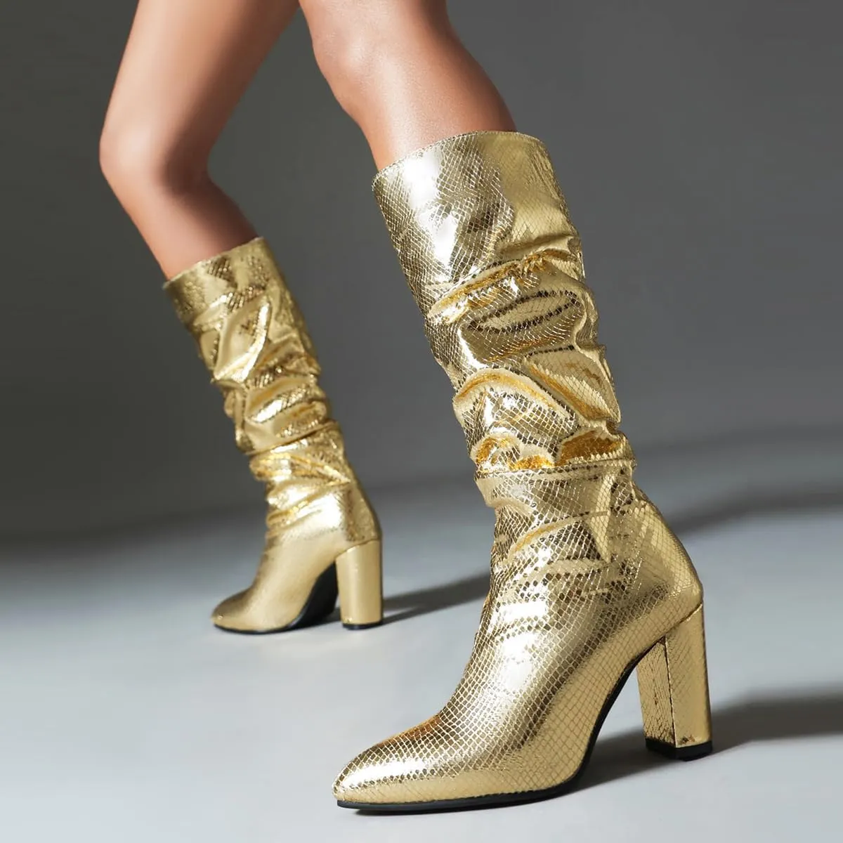 Women's Metallic Slouch Knee High Boots Block Heel Pointed Toe Faux Crocodile Long Boots