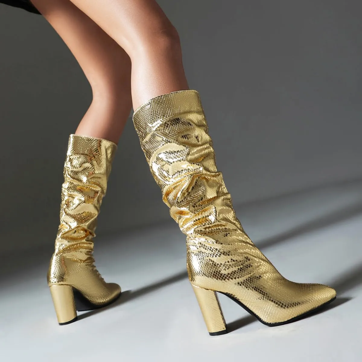 Women's Metallic Slouch Knee High Boots Block Heel Pointed Toe Faux Crocodile Long Boots