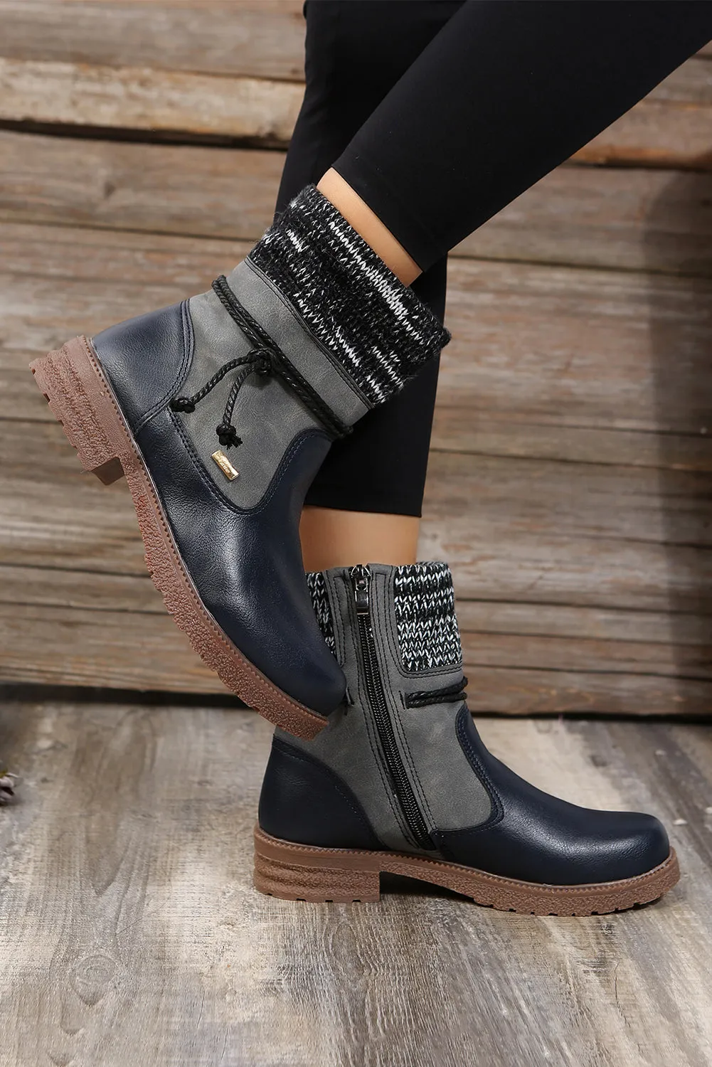 Women's PU Leather Knitted Patchwork Ankle Boots