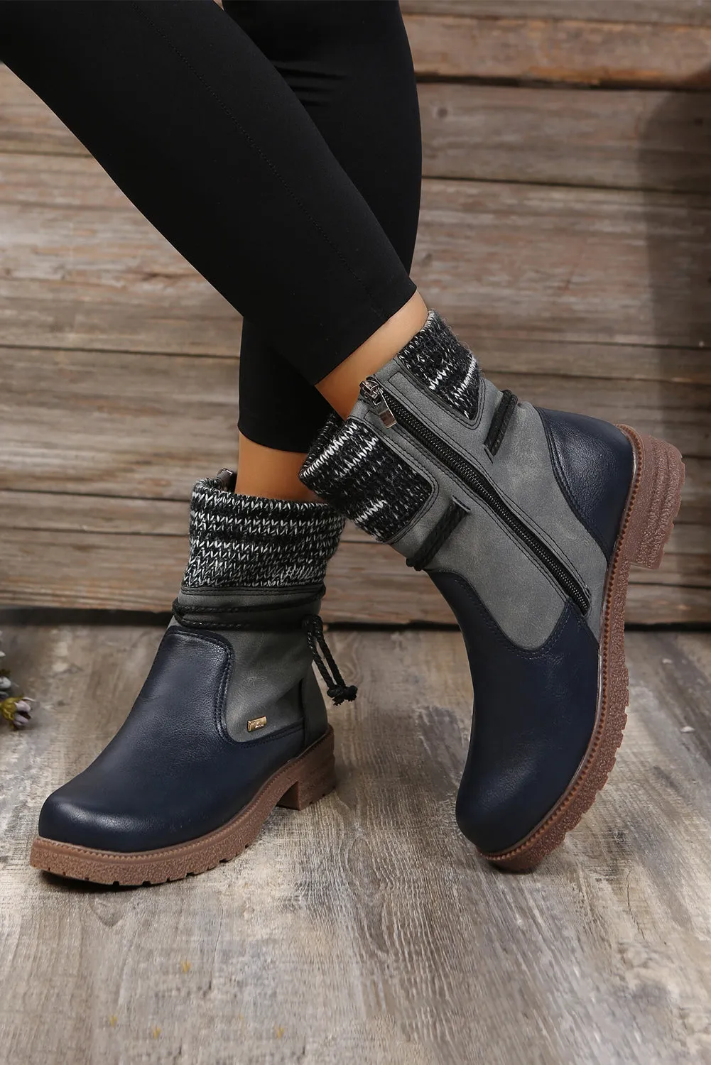 Women's PU Leather Knitted Patchwork Ankle Boots