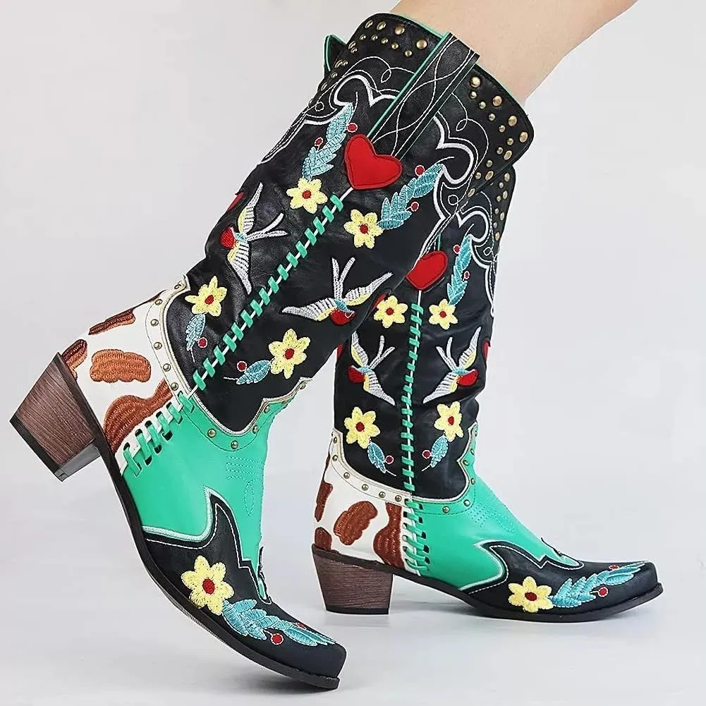 Women's Swallow Floral Embroidered Cowgirl Boots - Chunky Low Heels - Handmade Rivets - Western Cowboy Knee High Boots - Pull On - Blue, Black, Green - Patchwork - Wide Calf
