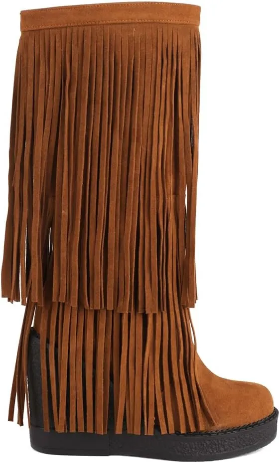 Women's Tassel Wedges Heel Long Boots Fringe Wide Calf Snow Boots