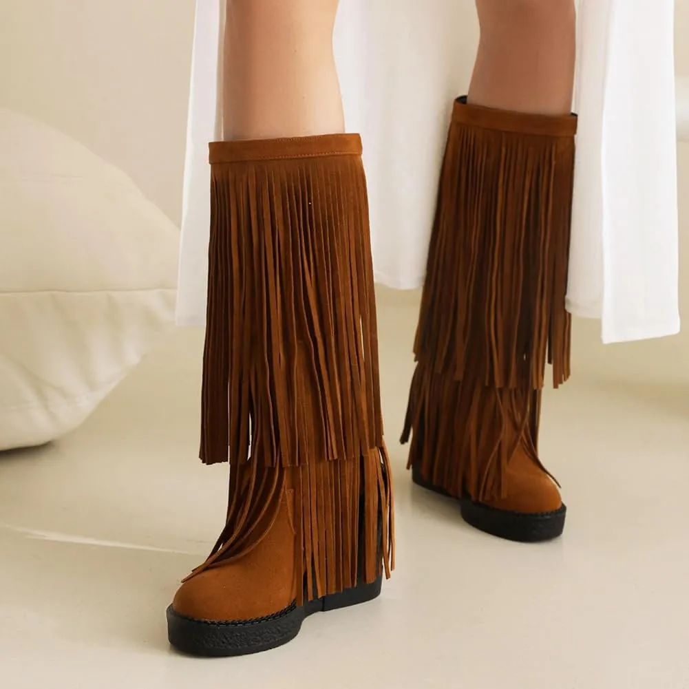 Women's Tassel Wedges Heel Long Boots Fringe Wide Calf Snow Boots