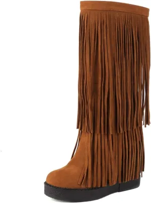 Women's Tassel Wedges Heel Long Boots Fringe Wide Calf Snow Boots