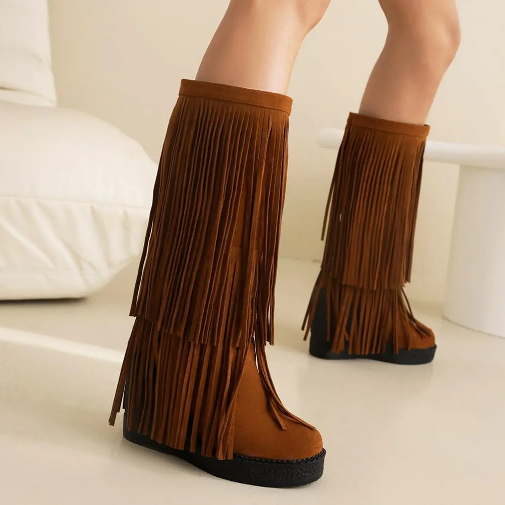 Women's Tassel Wedges Heel Long Boots Fringe Wide Calf Snow Boots