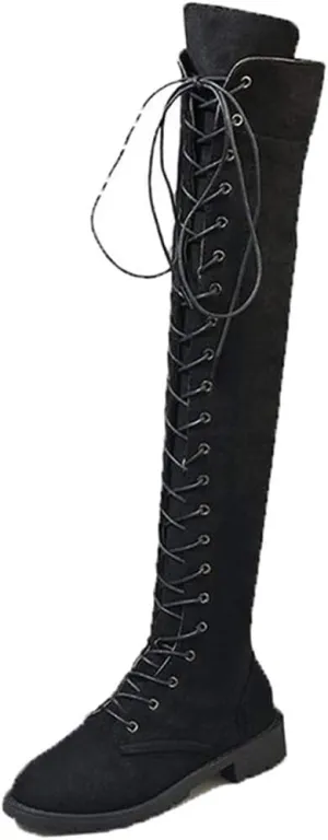 YSMIIH Women Winter Over Knee Long Boots Fashion Knee High Booties PU Round Toe Full Lace-up Comfortable Long Flat Low Heel Shoes