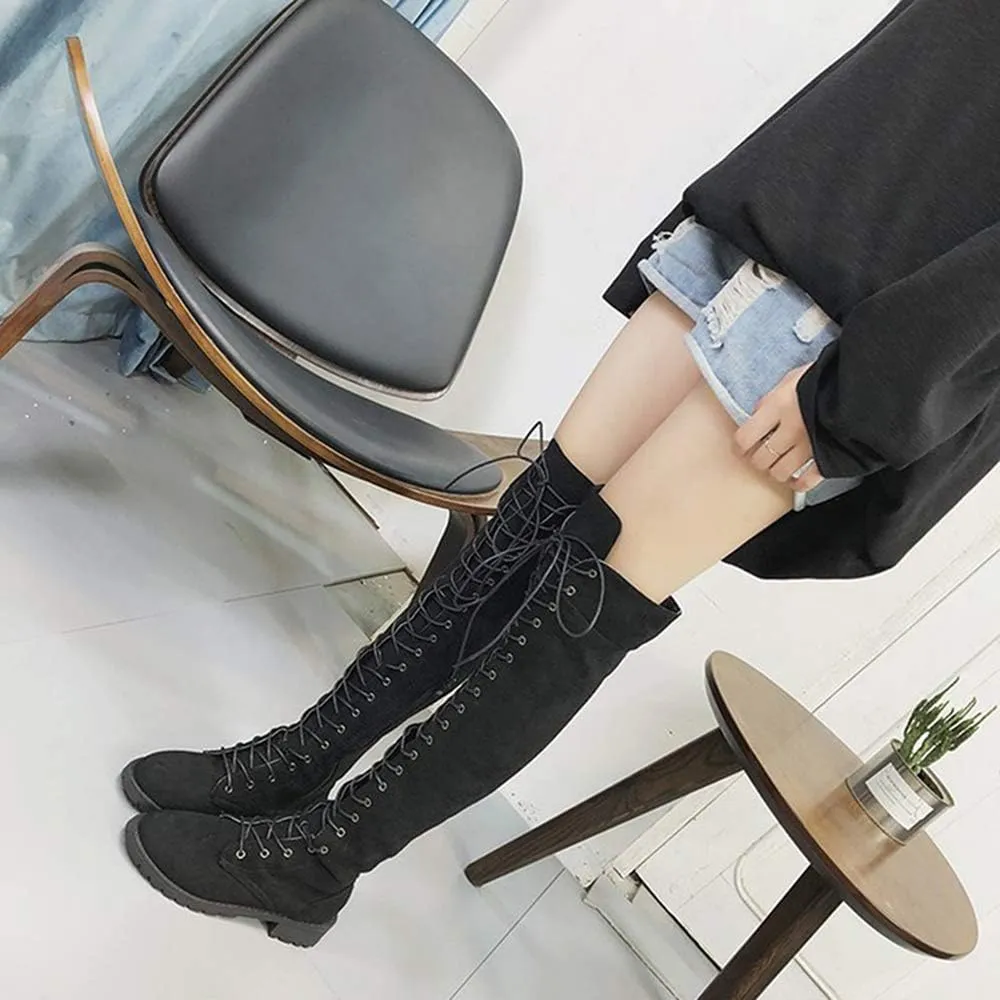 YSMIIH Women Winter Over Knee Long Boots Fashion Knee High Booties PU Round Toe Full Lace-up Comfortable Long Flat Low Heel Shoes