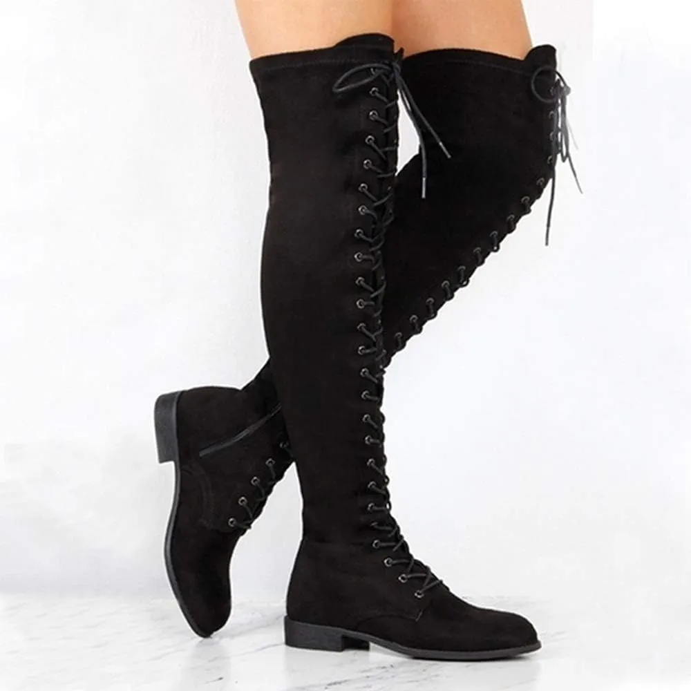 YSMIIH Women Winter Over Knee Long Boots Fashion Knee High Booties PU Round Toe Full Lace-up Comfortable Long Flat Low Heel Shoes
