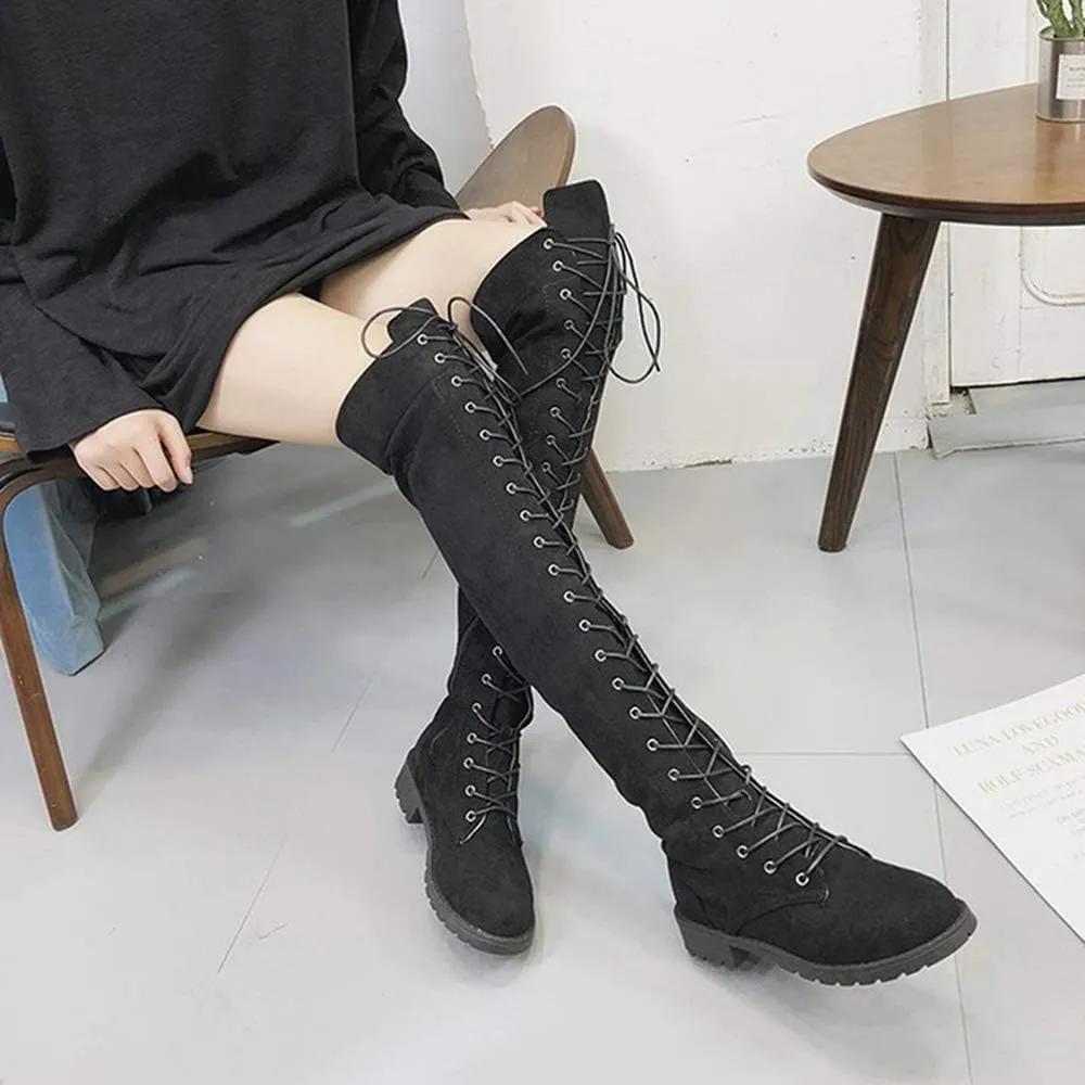 YSMIIH Women Winter Over Knee Long Boots Fashion Knee High Booties PU Round Toe Full Lace-up Comfortable Long Flat Low Heel Shoes